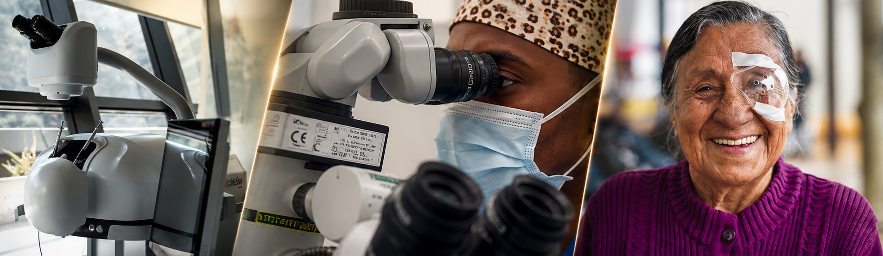 Three-panel image showing a HelpMeSee cataract surgery simulator, a surgeon training through simulation, and a smiling patient after successful cataract surgery.